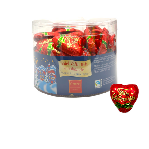 Storz Massiv Herz "Frohe Weihnachten" aus Edel-Vollmilchschokolade Fairtrade 50 x 9g (450g)