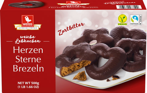 Weiss Herzen, Sterne, Brezeln mit Zartbittere Schokolade Zarte Lebkuchen 500g