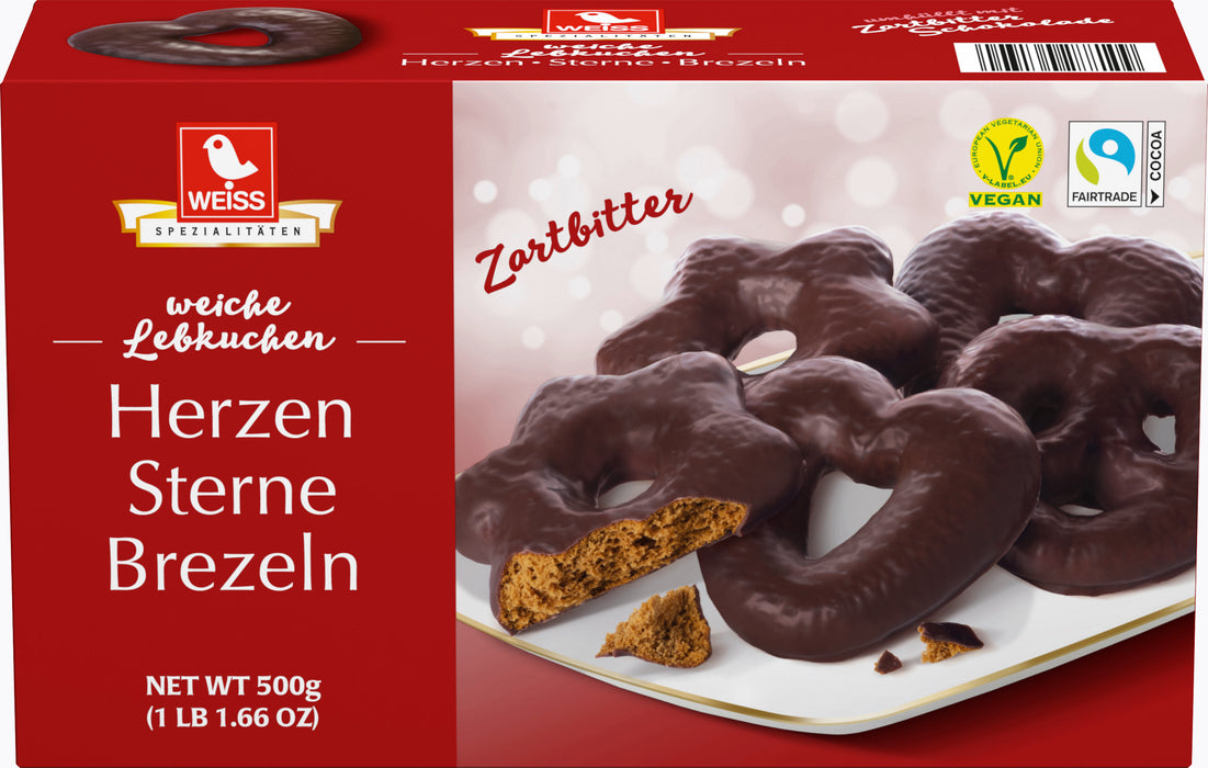 Weiss Herzen, Sterne, Brezeln mit Zartbittere Schokolade Zarte Lebkuchen 500g