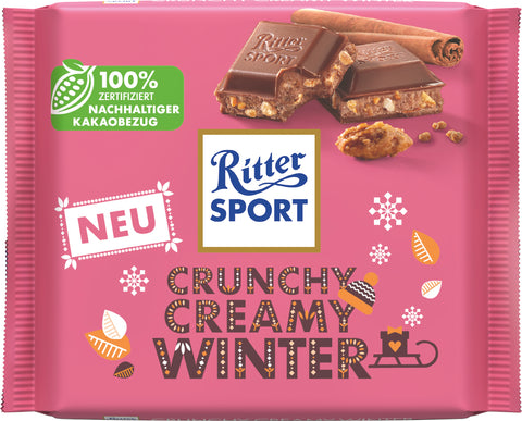 Ritter Sport Crunchy Creamy Winter 100 g – Vollmilchschokolade mit winterlich gewürzter Kakaocreme und karamellisierten Mandelstückchen