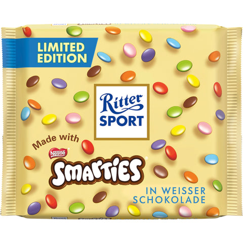 Ritter Sport Weiße Schokolade 100 g mit bunten Smarties – Limited Edition, süß-knusprige Tafel mit Schokolinsen.