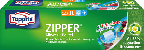Toppits ZIPPER Allzweck-Beutel 12x 1L Sicherer Schutz für zu Hause und unterwegs - Wiederverschließbar