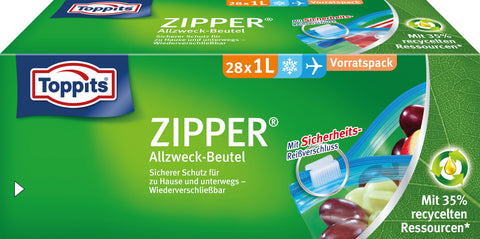 Toppits ZIPPER Allzweck-Beutel 28x 1L Sicherer Schutz für zu Hause und unterwegs - Wiederverschließbar