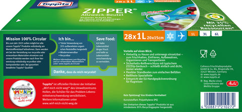 Toppits ZIPPER Allzweck-Beutel 28x 1L Sicherer Schutz für zu Hause und unterwegs - Wiederverschließbar