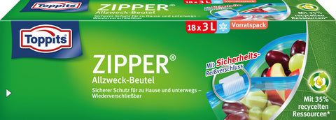 Toppits ZIPPER Allzweck-Beutel 18x 3L Sicherer Schutz für zu Hause und unterwegs - Wiederverschließbar