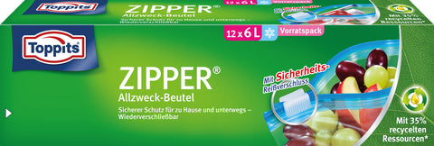 Toppits ZIPPER Allzweck-Beutel 12x 6L Sicherer Schutz für zu Hause und unterwegs - Wiederverschließbar