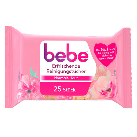 bebe Erfrischende Reinigungstücher 25 Stück – sanfte Abschminktücher mit Rosenwasser, vegan und alkoholfrei