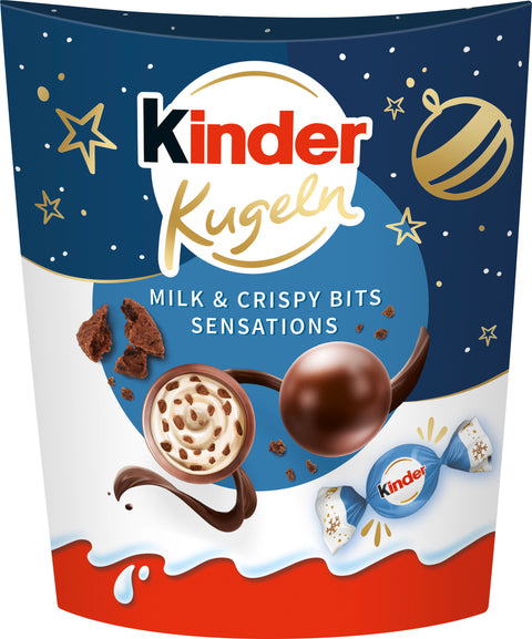 kinder Kugeln Milk & Crispy Bits Sensations 90 g – gefüllte Vollmilchschokoladenkugeln mit Milchcremefüllung und Kakaocrisps.