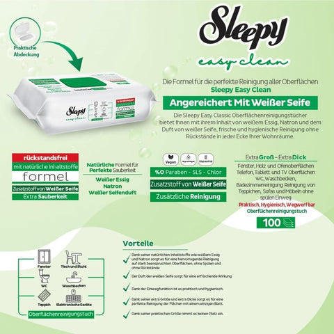Sleepy Easy Clean Allzweck-Reinigungstücher Grün 100 Stück | Weiße Seife