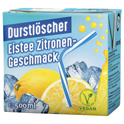 Durstlöscher Eistee Zitrone 500 ml – kühlender Schwarztee mit Zitrusnote, vegan & praktisch im Trink-Pack mit Strohhalm, ideal für unterwegs.