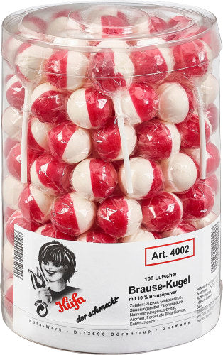 Küfa Brause‑Kugel Lutscher 100 Stück – brausige Kugel‑Lollis einzeln verpackt in Dose