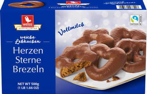 Weiss Herzen, Sterne & Brezeln Lebkuchen mit Vollmilchschokolade – 500 g