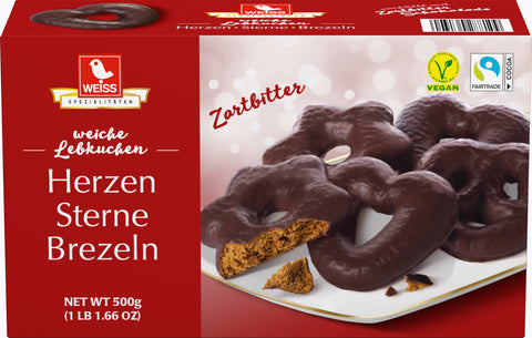 Weiss Herzen Sterne Brezeln Zartbitter Lebkuchen – 500 g Schokoladenüberzug
