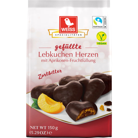 Weiss gefüllte Lebkuchen Herzen Zartbitter mit Aprikosen Füllung 150g