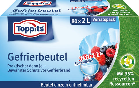 Toppits Gefrierbeutel 80x 2L Praktischer denn je- Bewährter Schutz vor Gefrierbrand