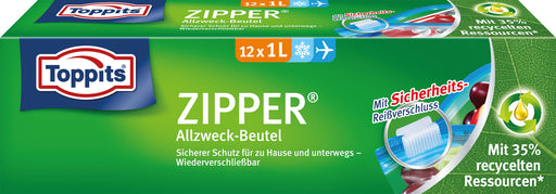Toppits ZIPPER Allzweck-Beutel 12x 1L Sicherer Schutz für zu Hause und unterwegs - Wiederverschließbar
