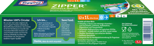 Toppits ZIPPER Allzweck-Beutel 12x 1L Sicherer Schutz für zu Hause und unterwegs - Wiederverschließbar