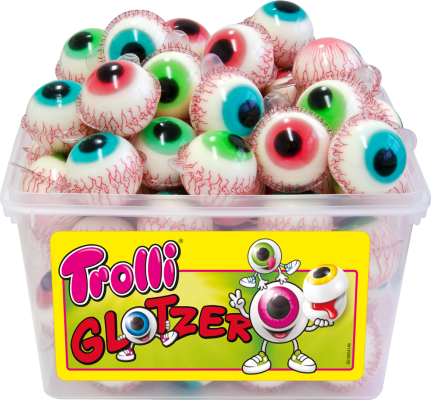 Trolli Glotzer Pop Eye – 60 Gummibonbons in Form eines Augapfels mit saurer Füllung im Plastikbehälter